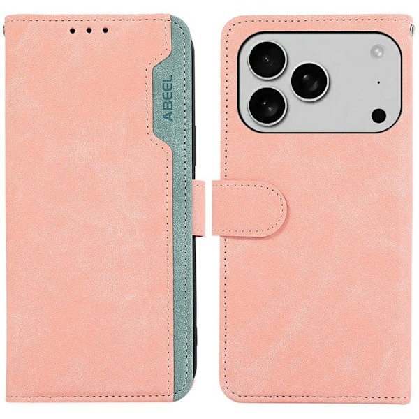 ABEEL iPhone 17 Pro Plånboksfodral i Splicing Konstläder RFID-Skydd - Rosa