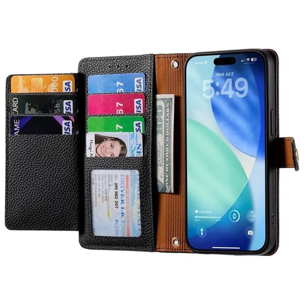 iPhone 17 Pro Max Konstläder Plånboksfodral RFID-Skydd Zipper med rem - Svart Svart
