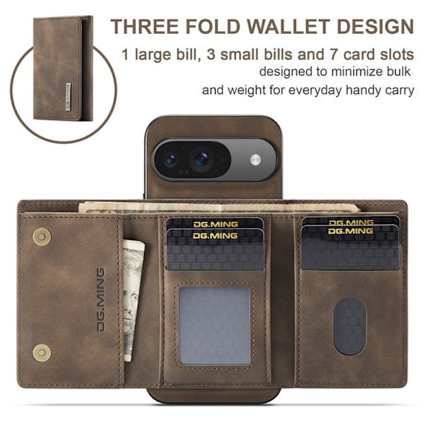 DG.MING Google Pixel 10 Pro/10 Plånboksfodral Detatchable M1 Brun