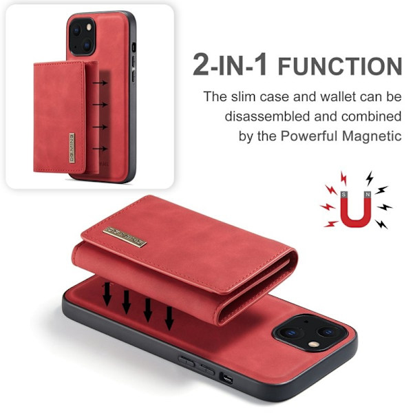 DG.MING iPhone 14 Konstläder Plånboksfodral 2-i-1 Röd