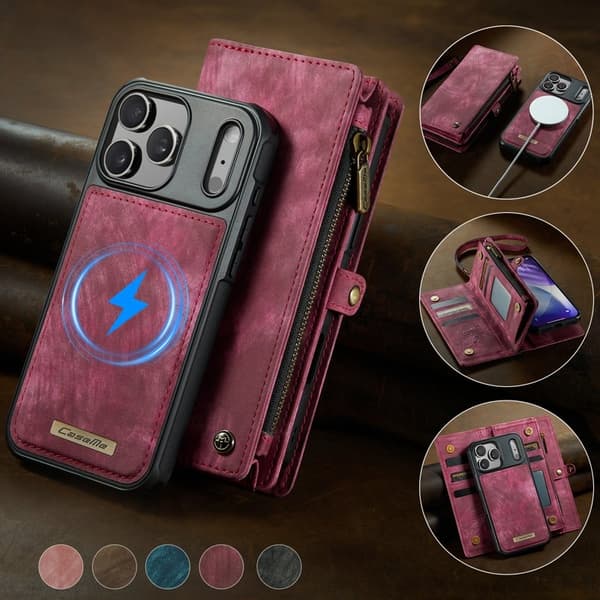 CASEME 008 iPhone 17 Pro Max Plånboksfodral Konstläder med Röd