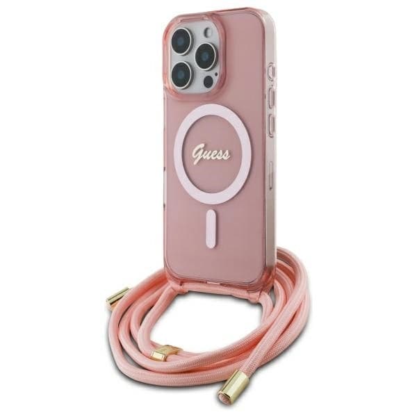 Guess Telefontaske til iPhone 16 Pro MagSafe Crossbody Cord Script - Lyserød Rosa
