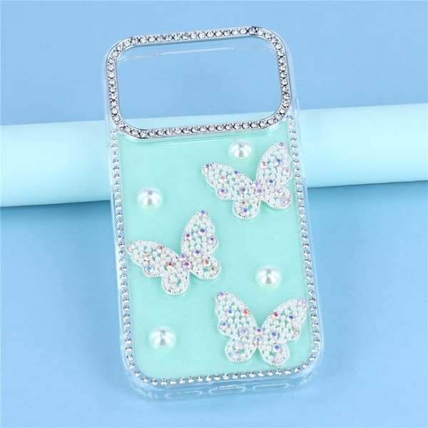 Mobilskal till iPhone 17 Pro Max Rhinestone Edge Pearl Butterfly Grön