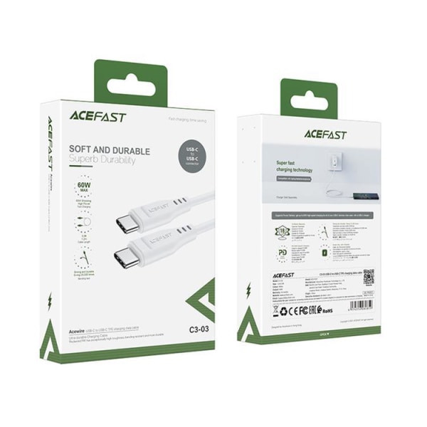 Acefast USB-C–USB-C-kaapeli 1,2 m 60 W - valkoinen