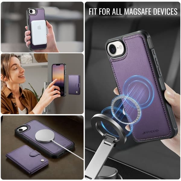 JEEHOOD J09 Mobilskal till iPhone 16e RFID Låsfunktion Läder Lila
