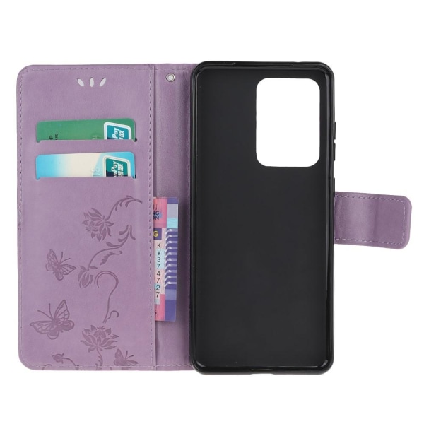 Imprint Butterfly Wallet Cover til Galaxy S21 Ultra - Lilla