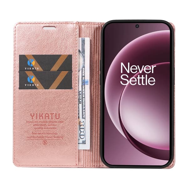YIKATU OnePlus 15 Plånboksfodral Litchi Closure Konstläder Roséguld