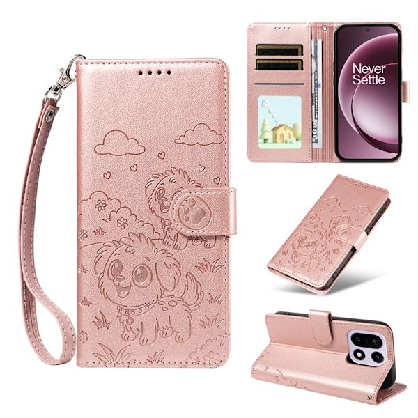 OnePlus 15 Konstläder Plånboksfodral RFID-Skydd Imprinted Dog Pattern Rosa