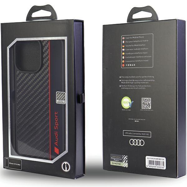 Audi iPhone 14 Pro Max Mobile Cover Carbon Fiber Stripe - musta