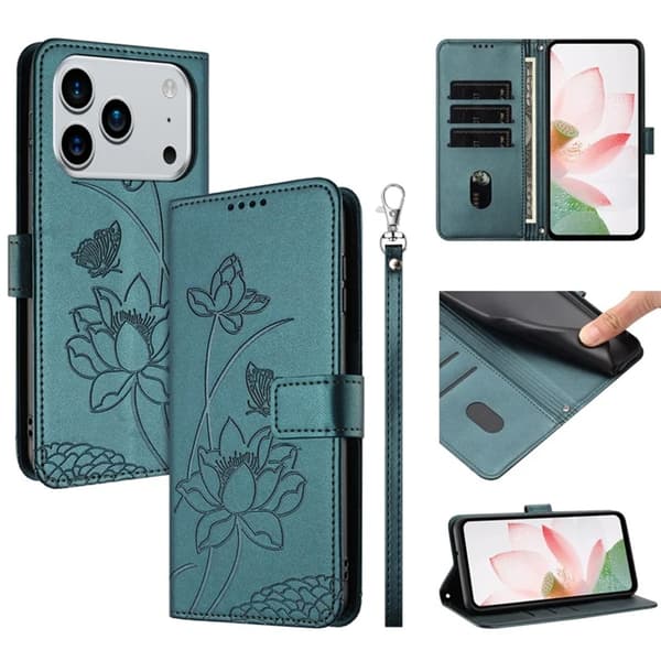 iPhone 17 Pro Max Konstläder Plånboksfodral Lotus Imprint - Grön Grön