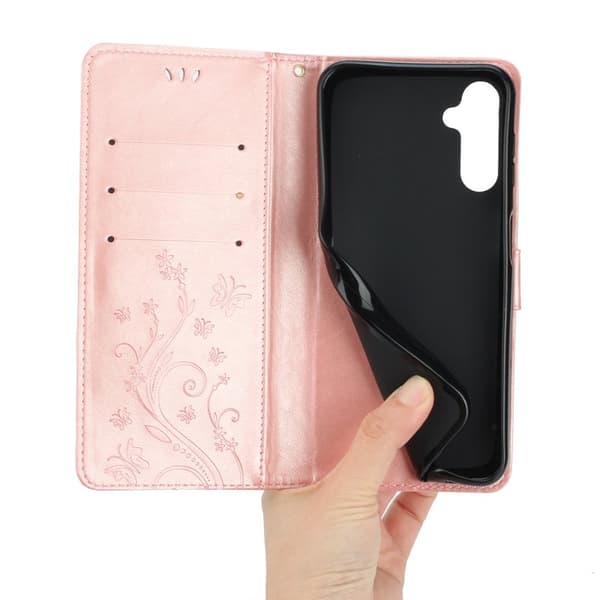 Samsung Galaxy S26 Plus Plånboksfodral Konstläder Blomma Prägling - Roséguld