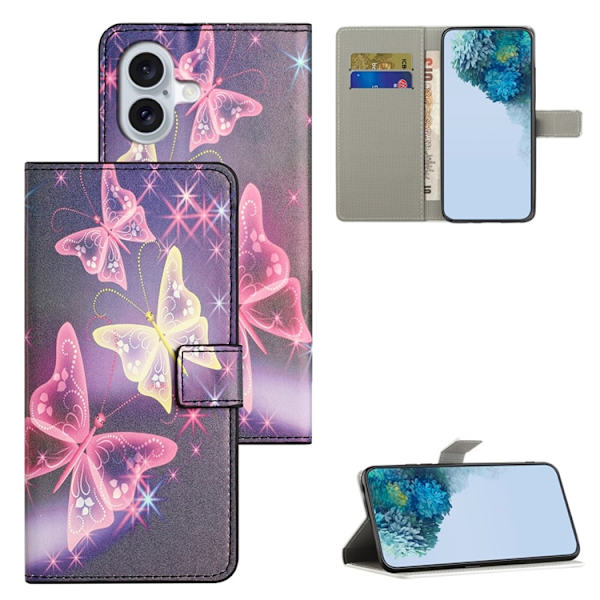 iPhone 17 Konstläder Plånboksfodral Pattern Print - Illusion Fjäril Rosa