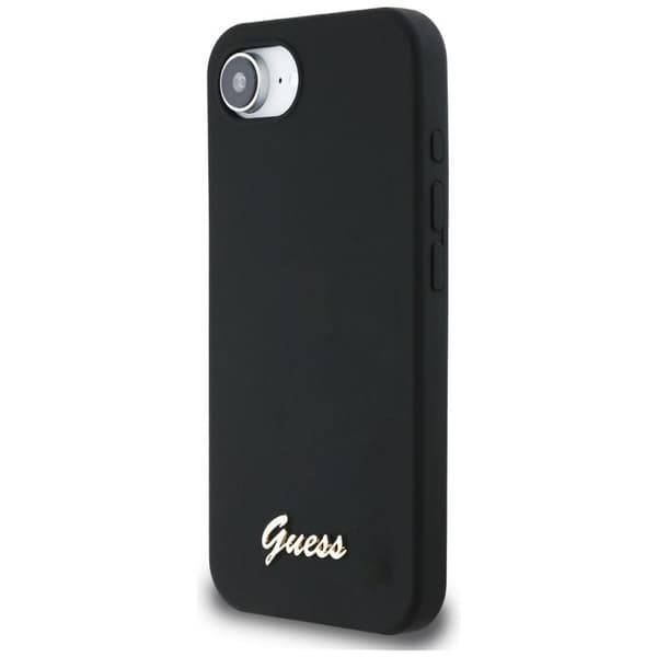 Guess telefontaske til iPhone 16e MagSafe Silicone Script Metal Logo Svart