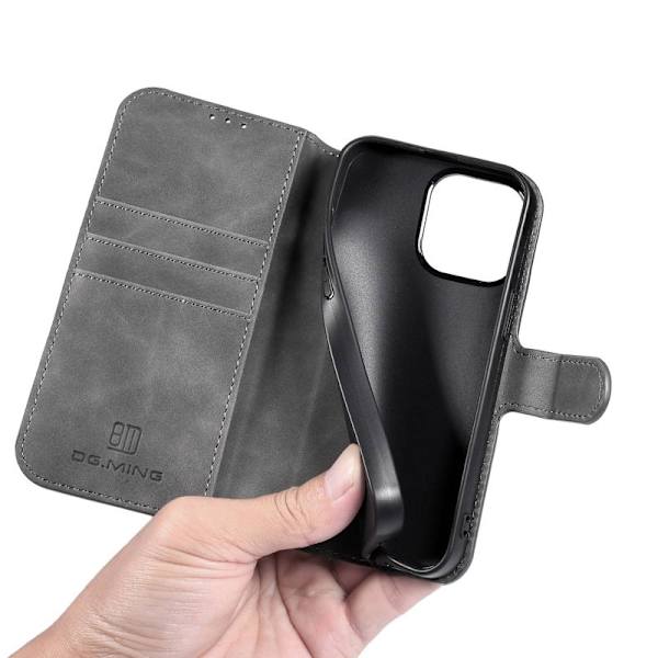 DG.MING iPhone 14 Pro Max Konstläder Plånboksfodral Retro Stil Magnetisk Grå