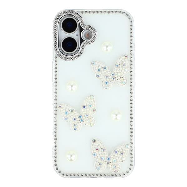 Mobilskal till iPhone 17 Rhinestone Edge Pearl Butterfly Vit
