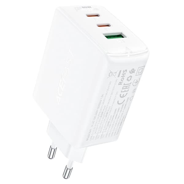 Acefast GaN Snabbladdare 2x USB-C USB-A QC4+ 65W - Vit Vit