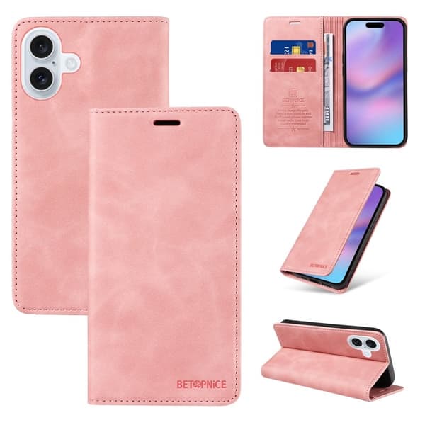 BETOPNICE iPhone 17 Plånboksfodral Konstläder - Magnetisk - Rosa Rosa