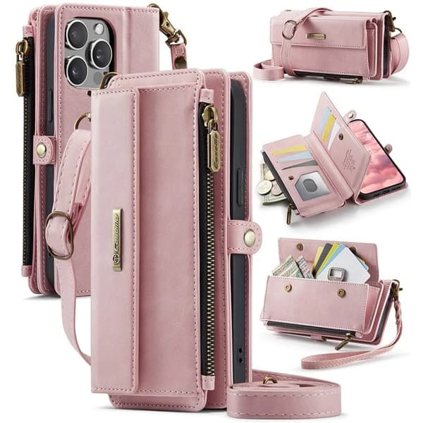 Caseme iPhone 12 Pro Max Konstläder Plånboksfodral RFID-Skydd Zipper - Rosa Rosa