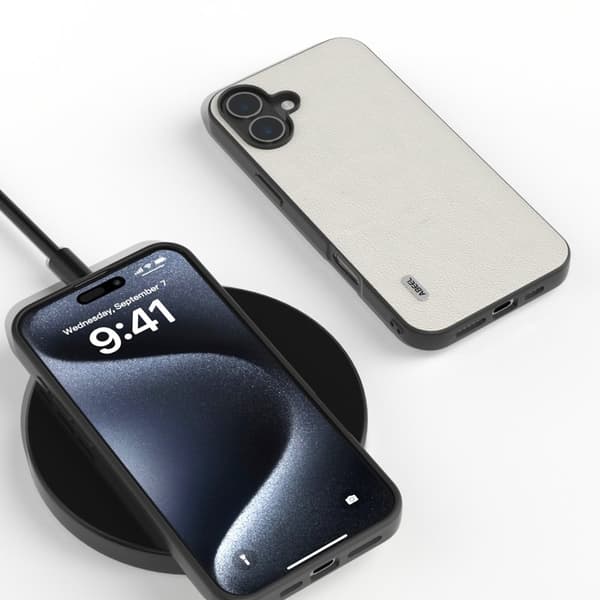 ABEEL Mobilskal till iPhone 16 Äkta Läder Coated PC+TPU Hybrid - Grå