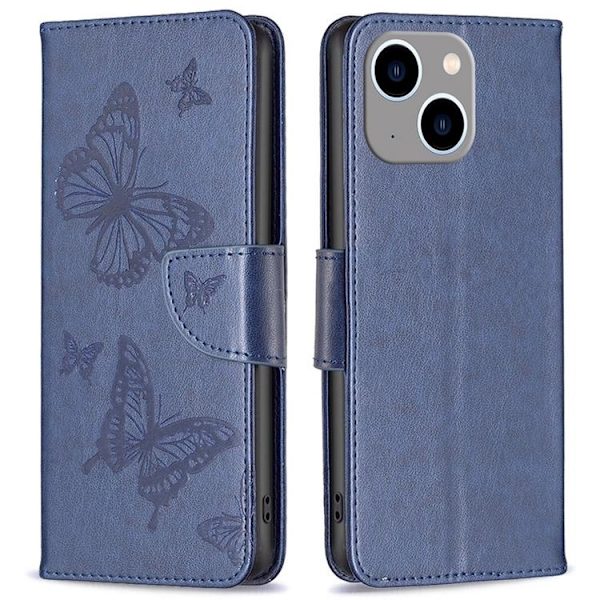 iPhone 14 Plus Lompakkokotelo Butterfly Imprinted - Tummansininen