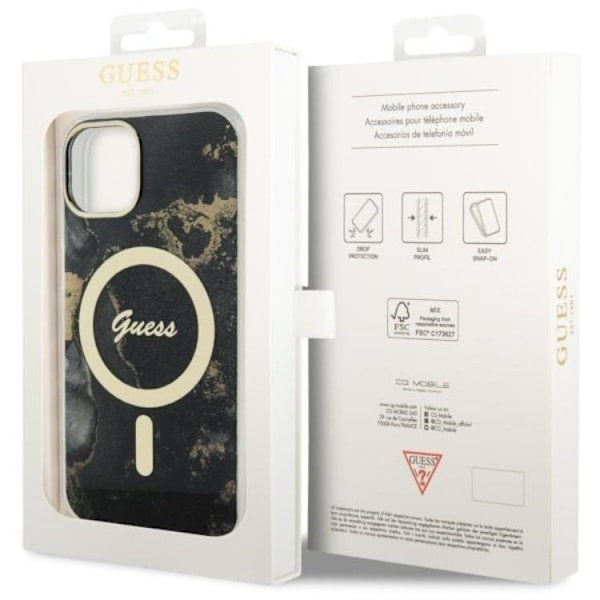 Guess iPhone 14 Mobilskal MagSafe Guld Marble - Musta Black