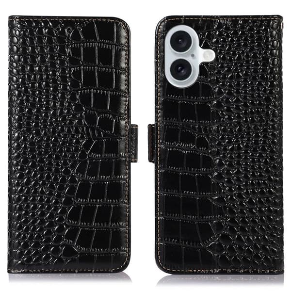 iPhone 17 Plånboksfodral Äkta Läder Crocodile - Svart Svart