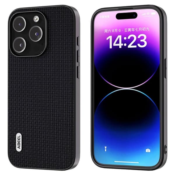 ABEEL Mobilskal till iPhone 14 Pro Max Äkta Läder Coated PC+TPU Svart