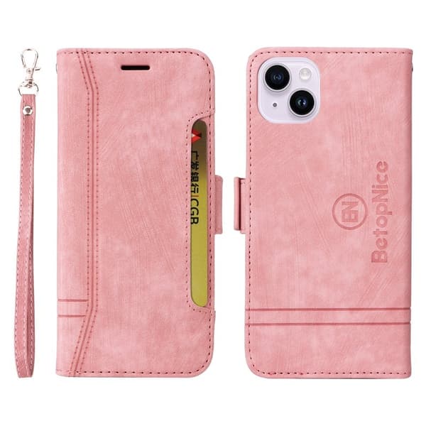 BETOPNICE 001 iPhone 15 Plus Plånboksfodral Konstläder - Rosa