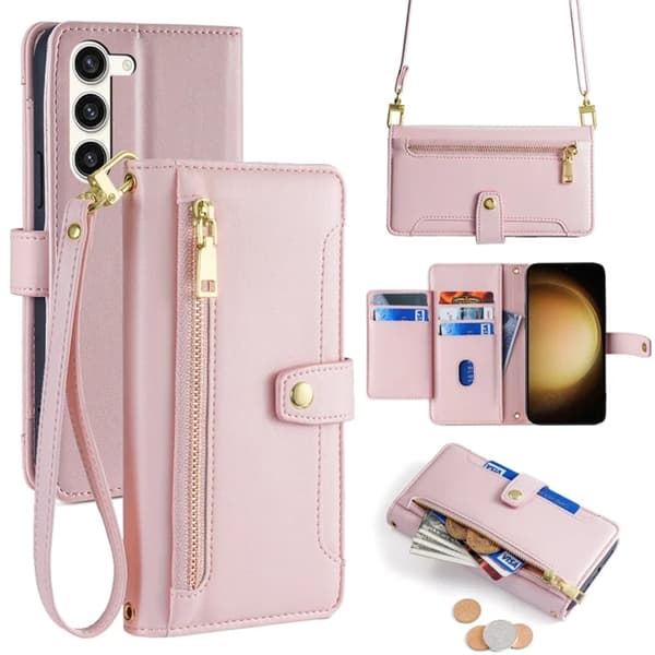Galaxy S23 Plus Konstläder Plånboksfodral Crossbody - Rosa Rosa