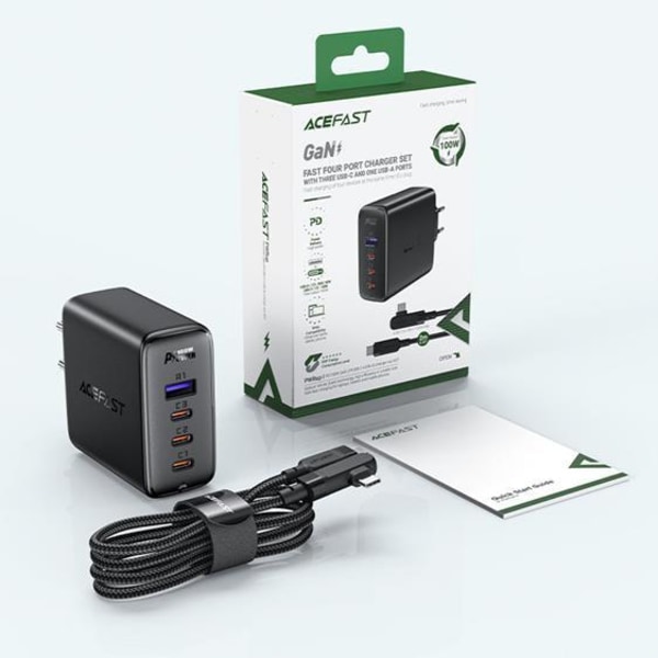 Acefast GaN Laddare Fast med Kabel USB-C - Svart