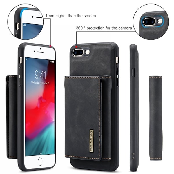 DG.MING M1 Kickstand Plånboksfodral Konstläder för iPhone 7/8 Plus - Svart