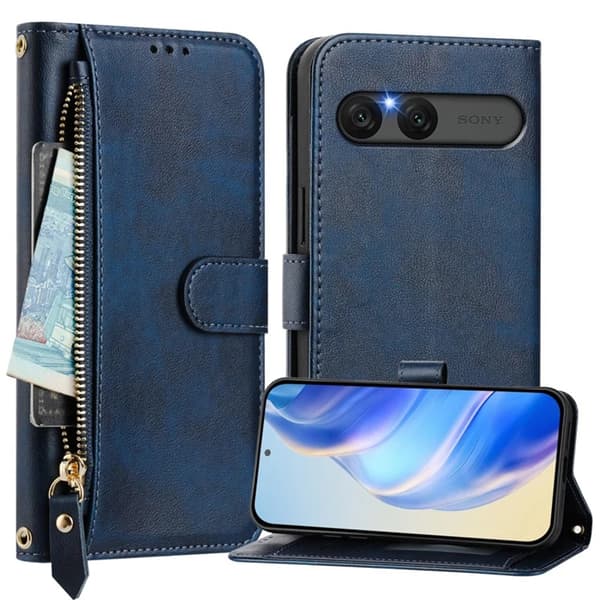 Sony Xperia 10 VII Konstläder Plånboksfodral Zipper Pocket - Blå Blå