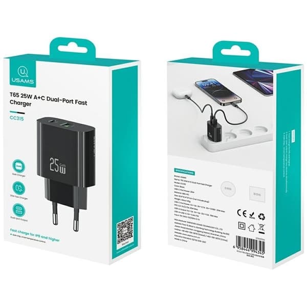 USAMS Snabbladdare 25W 1xUSB-C 1xUSB-A CC315 - Svart Svart