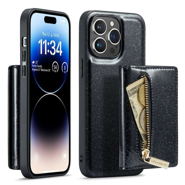 DG.MING M3 Series Mobilskal till iPhone 14 Pro 2-i-1 Glitter KonstLäder Svart