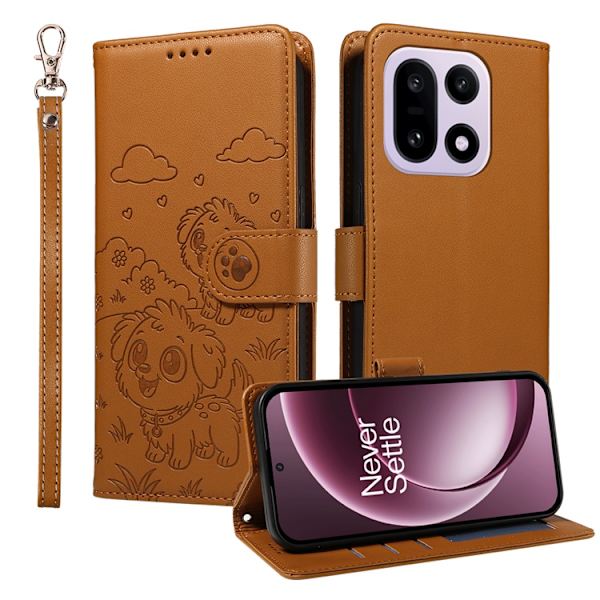 OnePlus 15 Konstläder Plånboksfodral RFID-Skydd Imprinted Dog Pattern Brun