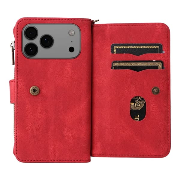 iPhone 17 Pro Konstläder Plånboksfodral Zipper Rem Röd