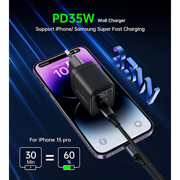 Choetech USB-C USB-C Väggladdare PD 35W GaN - Svart Svart