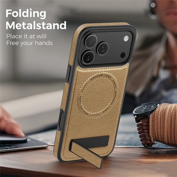 Mobilskal till iPhone 17 Pro Max MagSafe Kickstand Läder - Guld Guld