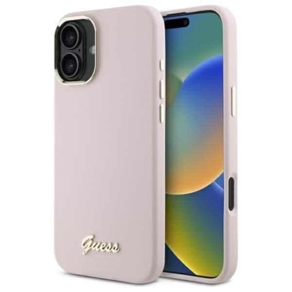 Guess telefontaske til iPhone 16 Silicone Script Metal Logo - Lyserød Rosa