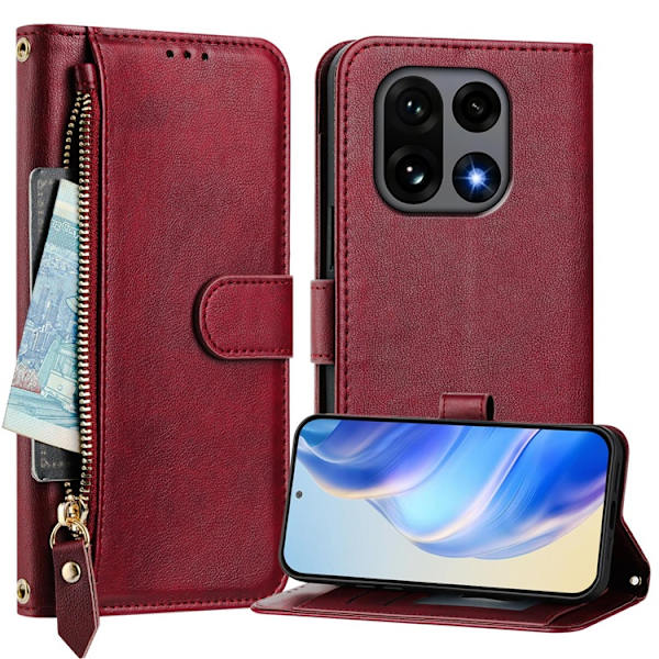 OnePlus 15 Plånboksfodral Zipper Pocket Multiple Konstläder Röd