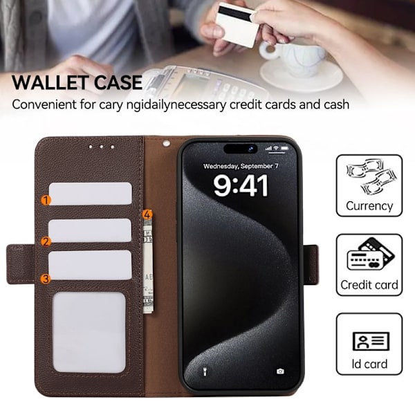ABEEL iPhone 15 Pro Plånboksfodral RFID-Skydd Litchi Konstläder - Brun