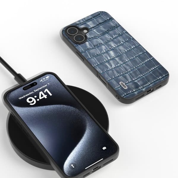 ABEEL Mobilskal till iPhone 16 Plus Äkta Läder + PC + TPU Stöttålig Blå