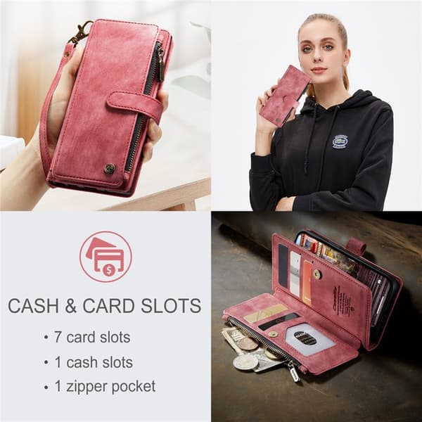 CASEME C30 Plånboksfodral för iPhone 15 Pro med rem, röd Konstläder