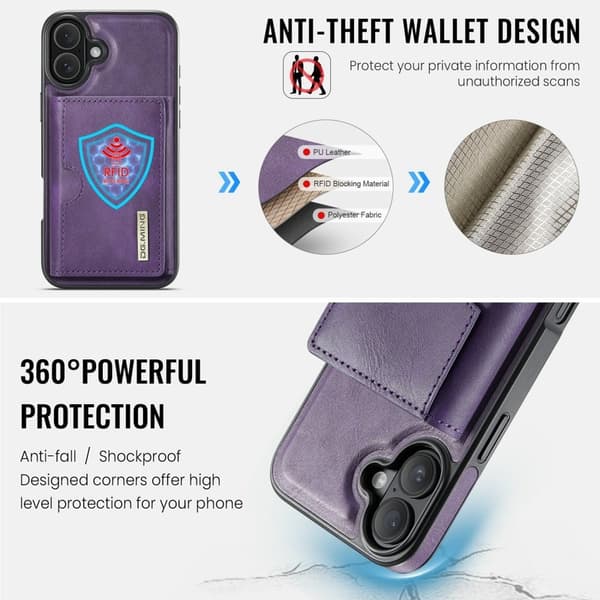 DG.MING M6 Series Mobilskal till iPhone 16 Magnetiskt Plånboksfodral Lila
