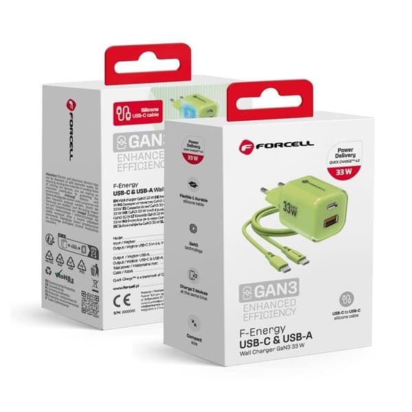 Forcell Snabbladdare USB-C/USB-A 33W USB-C Kabel GaN III PD QC Grön