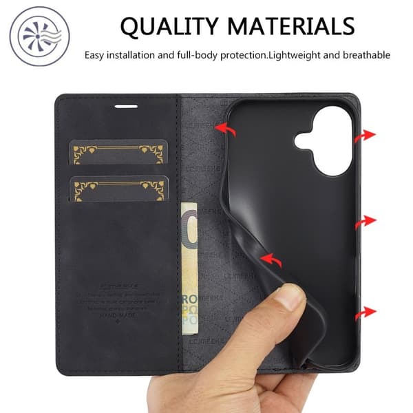 LC.IMEEKE iPhone 16 Plus Plånboksfodral Konstläder- Svart