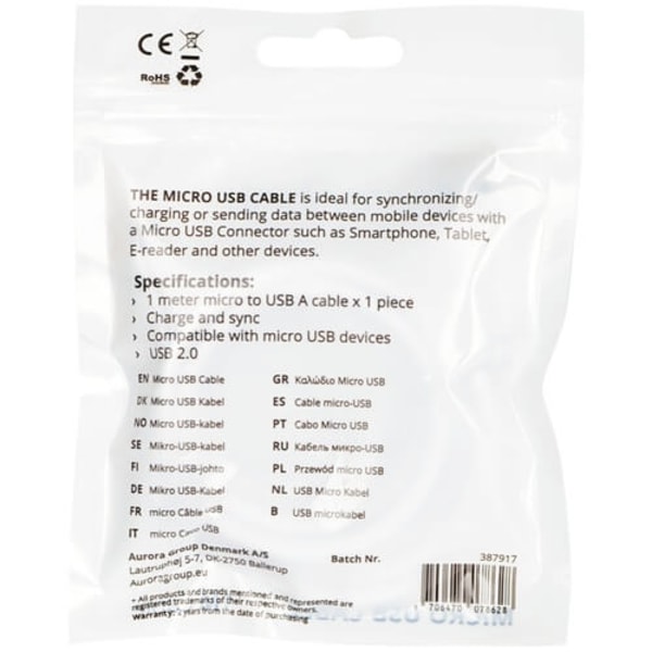 Essentials USB-A till microUSB Kabel, 1m, Polybag, White