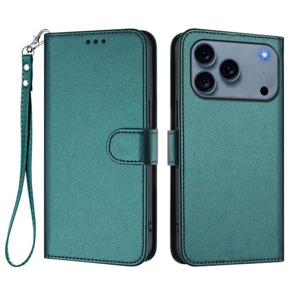 iPhone 17 Pro Plånboksfodral Läder med Handledsrem - Grön Grön