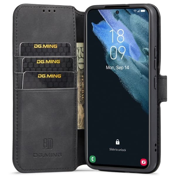 DG.MING Retro Style Konstläder Plånboksfodral för Samsung Galaxy S22 5G - Svart