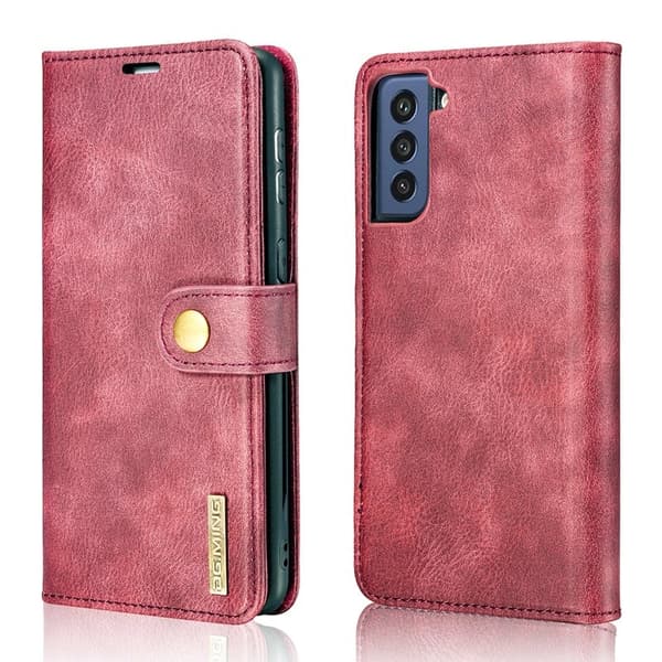 DG.MING Galaxy S21 FE 2-i-1 LäderÄkta Läder Plånboksfodral Röd